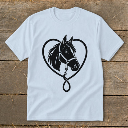 Light blue short-sleeve t-shirt featuring a black graphic of a horse's head framed by a heart shape.