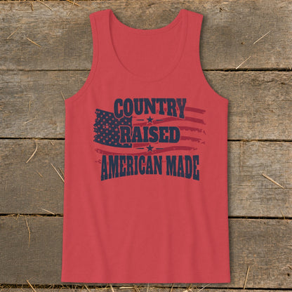 Red tank top with distressed American flag and "Country Raised American Made" text.