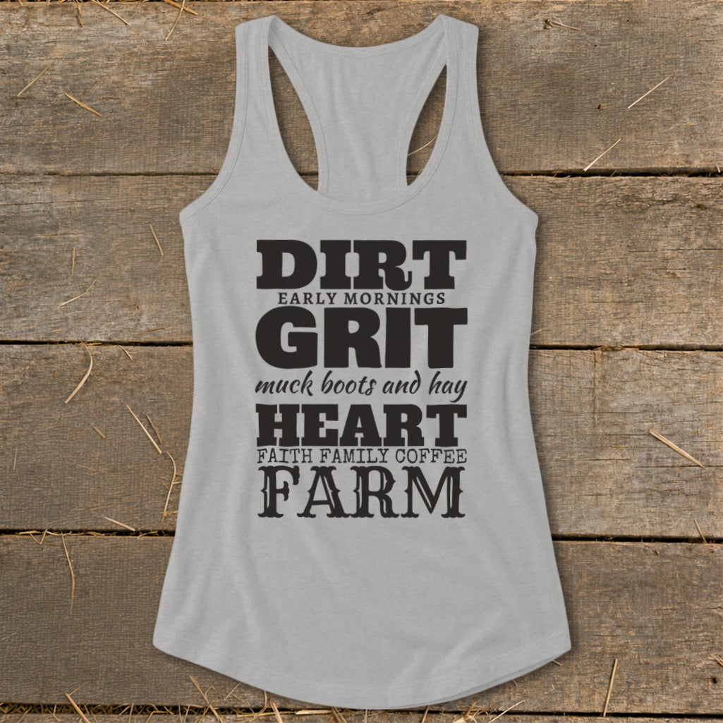Gray tank top with black text reading Dirt, Grit, Heart, Farm, and related phrases.
