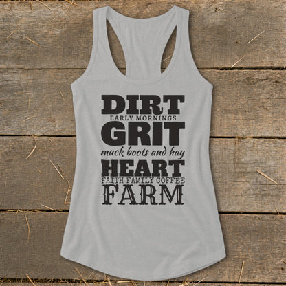 Gray tank top with black text reading Dirt, Grit, Heart, Farm, and related phrases.
