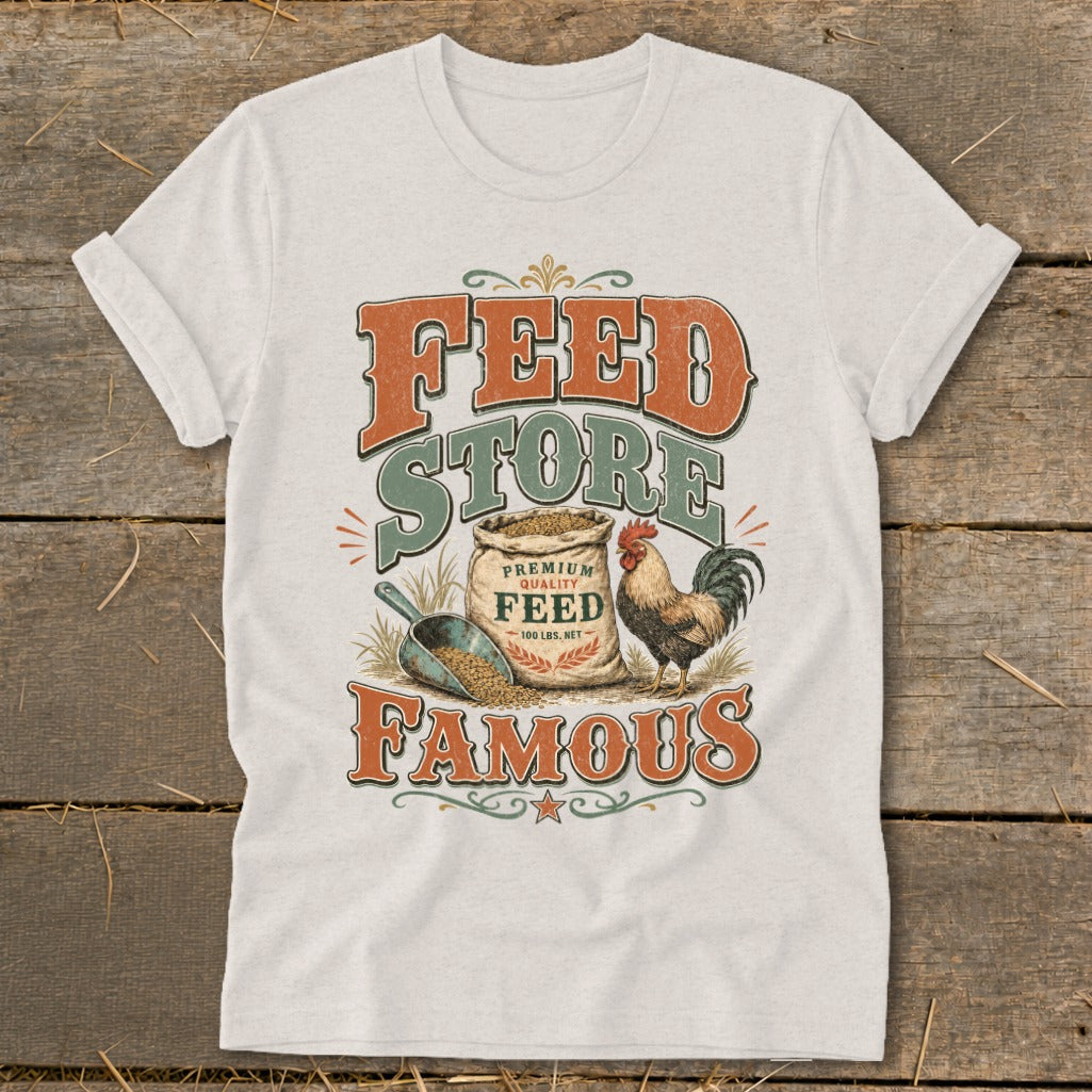 White t-shirt with "Feed Store Famous" text, a bag of feed, a rooster, and a scoop.