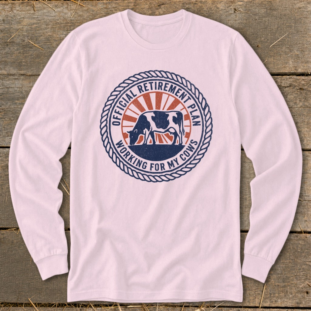 Long-sleeve shirt with a circular graphic about "Working for My Cows."