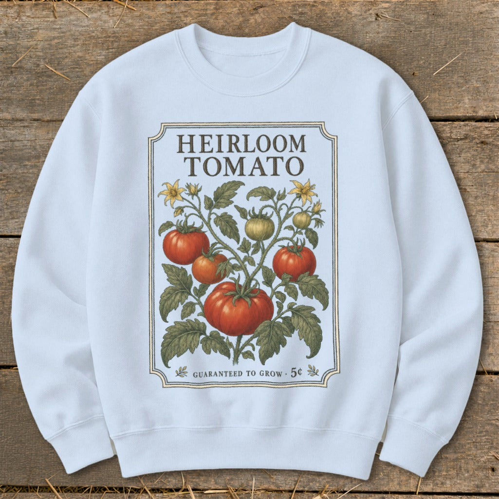White sweatshirt with a vintage heirloom tomato seed packet design and text.
