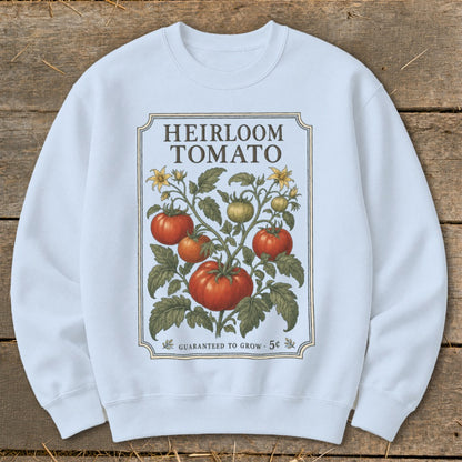 White sweatshirt with a vintage heirloom tomato seed packet design and text.