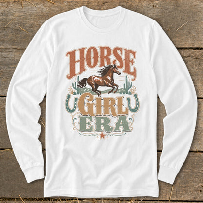 White long-sleeve shirt with "Horse Girl Era" text and running horse graphic.