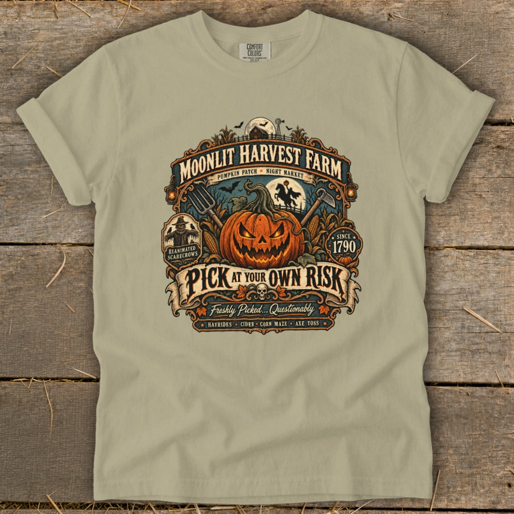 Moonlit Harvest Farm graphic with jack-o'-lantern and "Pick At Your Own Risk".