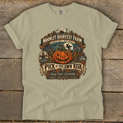 Moonlit Harvest Farm graphic with jack-o'-lantern and "Pick At Your Own Risk".