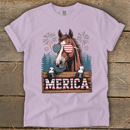 Horse wearing American flag sunglasses, with fireworks and "MERICA" text on a light purple t-shirt.