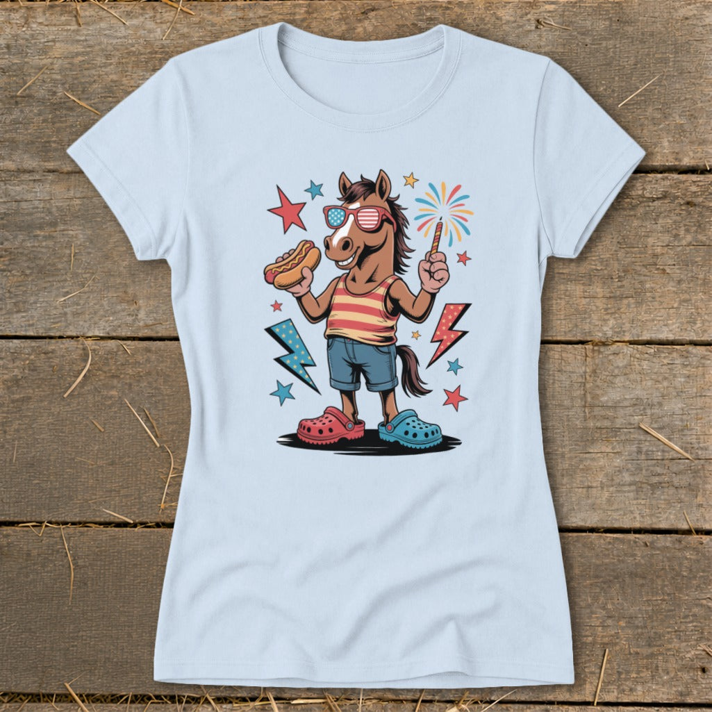 Cartoon horse in sunglasses holding hot dog and sparkler with fireworks and lightning bolts.