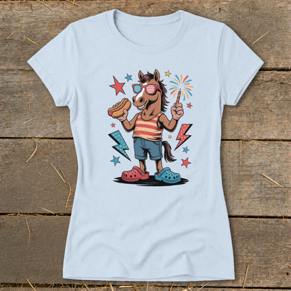 Cartoon horse in sunglasses holding hot dog and sparkler with fireworks and lightning bolts.
