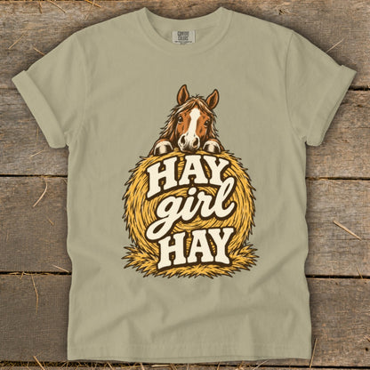T-shirt with horse peeking over hay bale and text "Hay girl HAY".