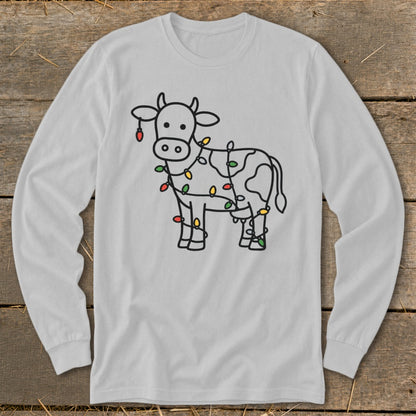 Line drawing of a cow with Christmas lights wrapped around its body.