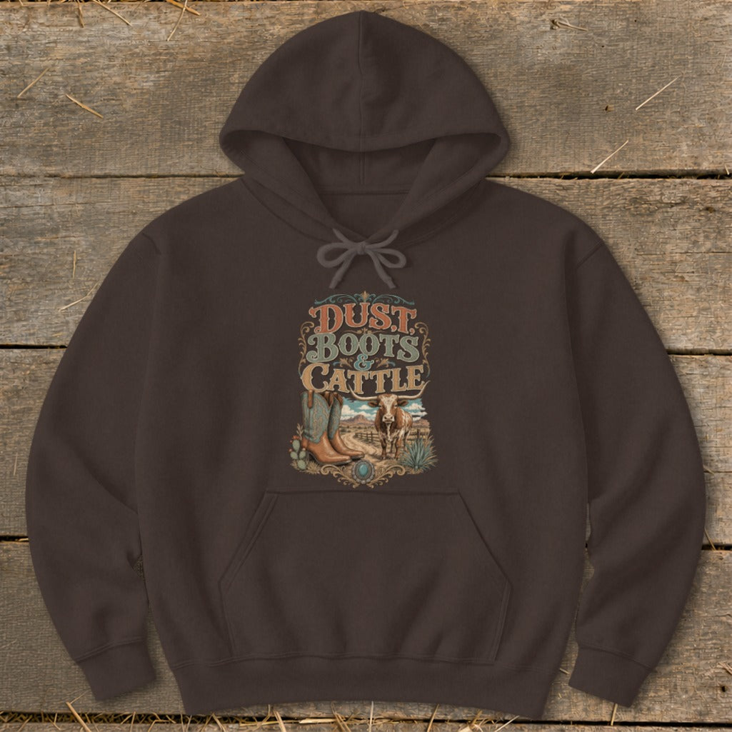Brown hoodie with "Dust Boots & Cattle" graphic featuring cowboy boots and cattle.