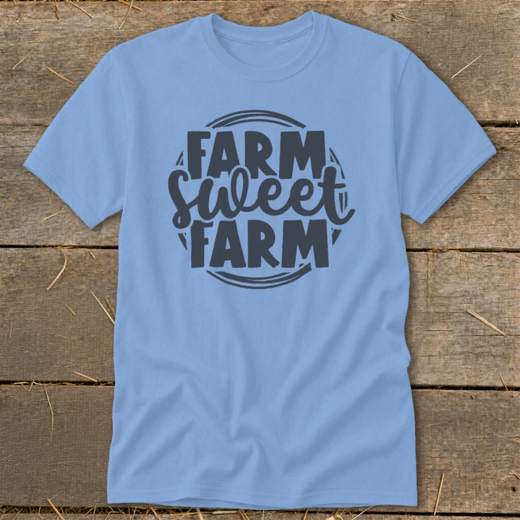 Light blue t-shirt with "Farm Sweet Farm" text design.