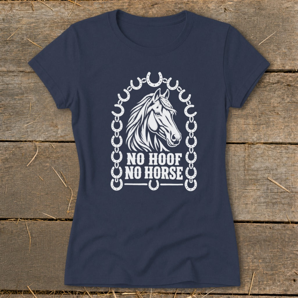 Navy t-shirt with white horse graphic and text "NO HOOF NO HORSE".