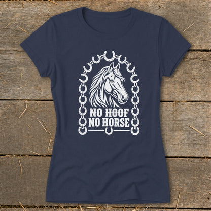 Navy t-shirt with white horse graphic and text "NO HOOF NO HORSE".