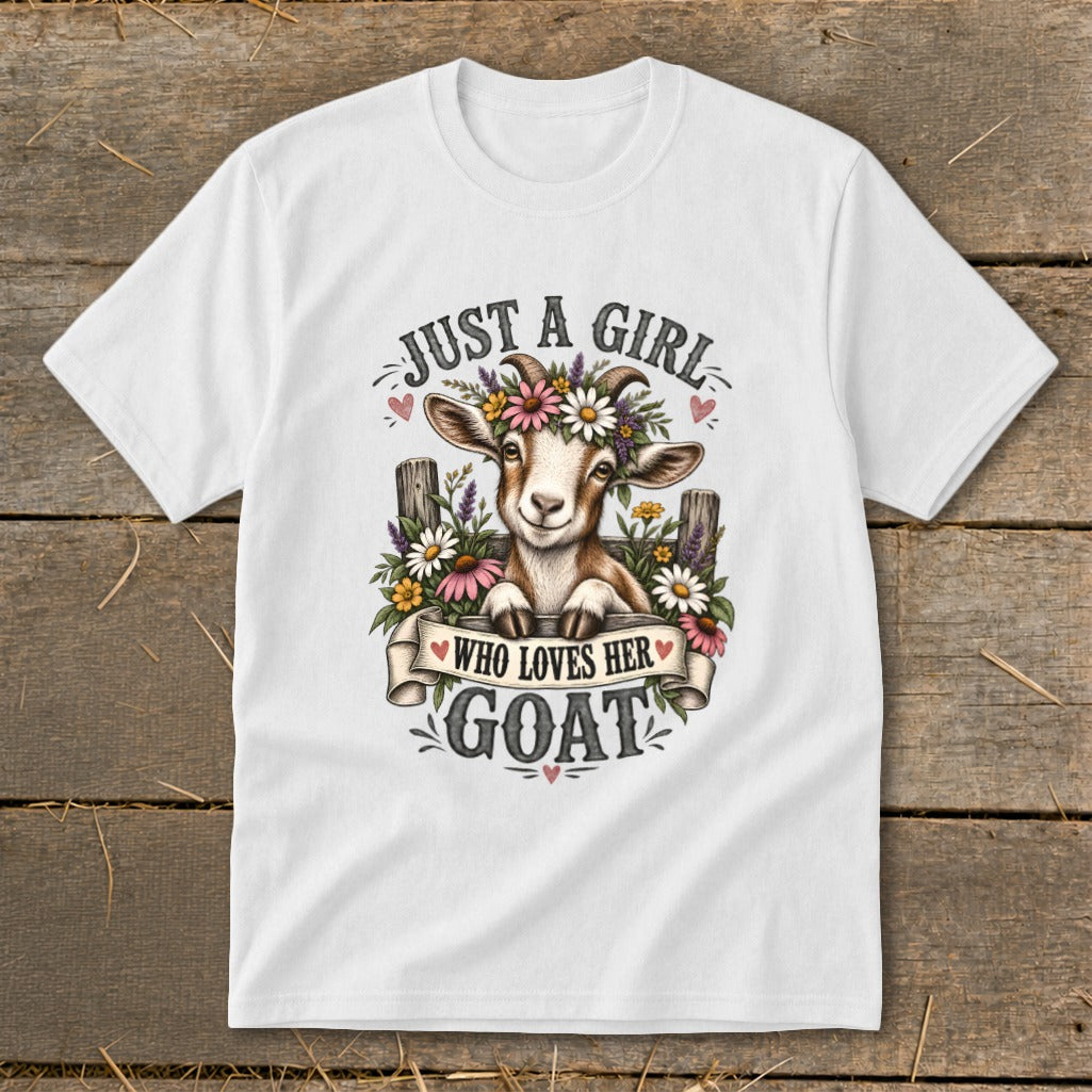 White t-shirt with illustration of a goat wearing flowers, reading "Just a girl who loves her goat".