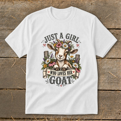 White t-shirt with illustration of a goat wearing flowers, reading "Just a girl who loves her goat".