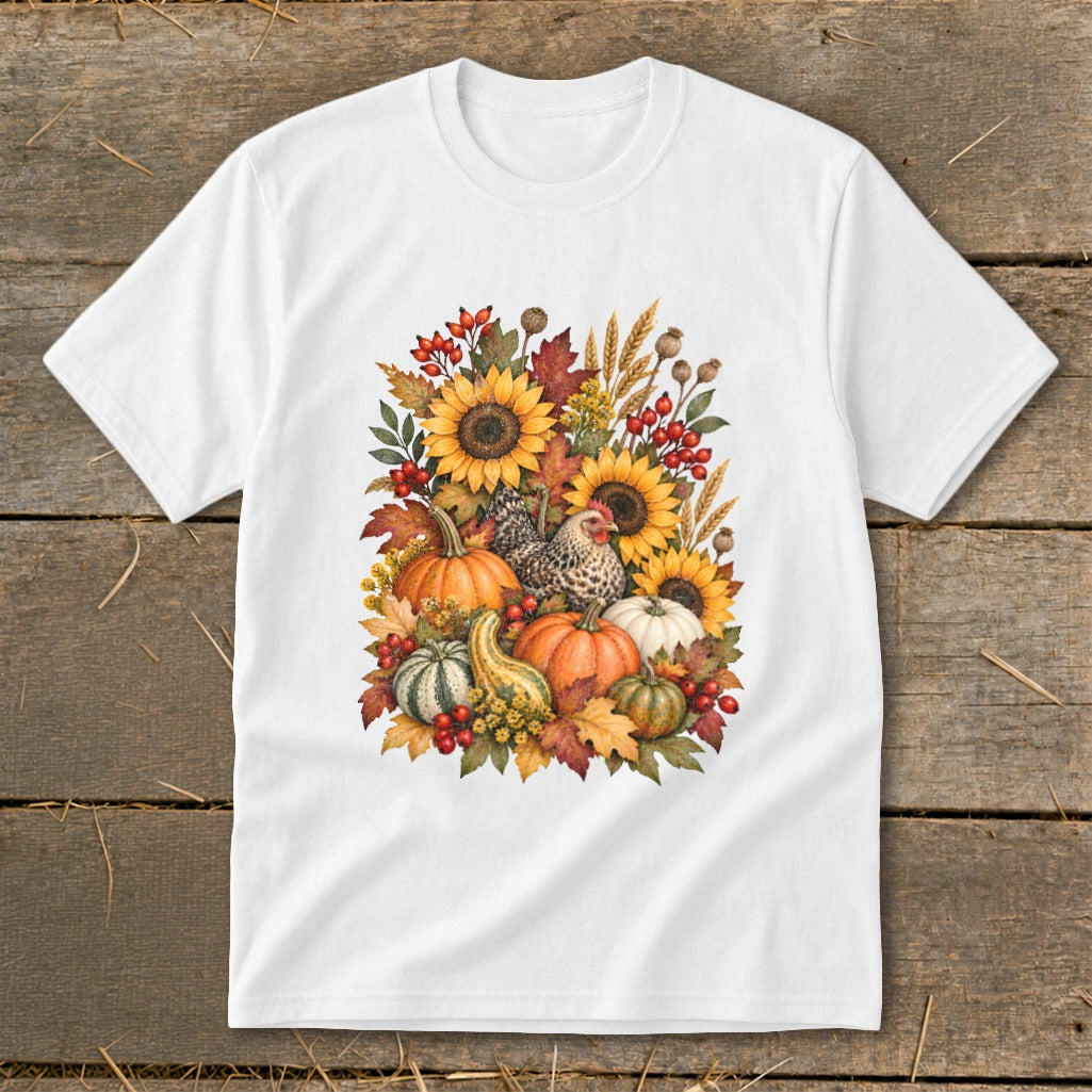 White t-shirt with a fall harvest graphic featuring pumpkins, sunflowers, and chickens.