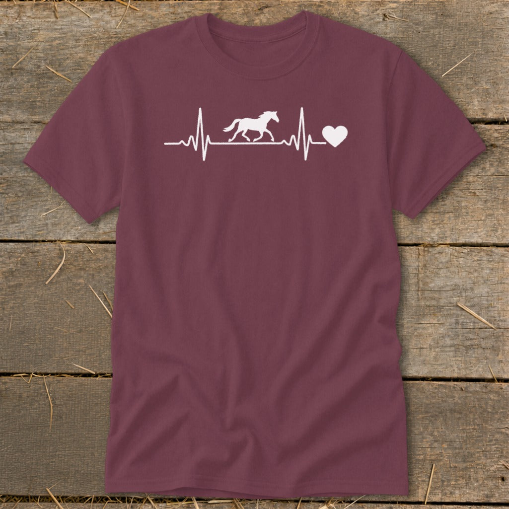 Maroon t-shirt with white horse and heartbeat graphic and heart.