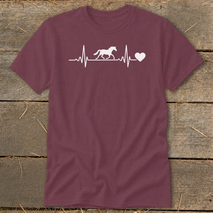 Maroon t-shirt with white horse and heartbeat graphic and heart.