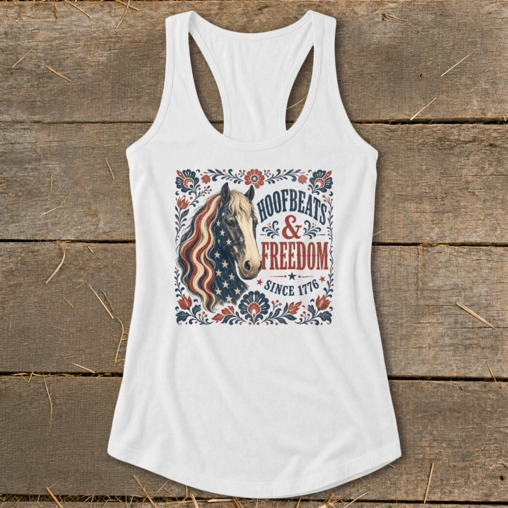 White tank top with horse design and text "Hoofbeats & Freedom Since 1776".
