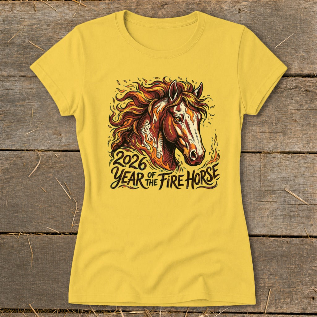 Yellow t-shirt with illustration of a fire horse and text "2026 Year of the Fire Horse".