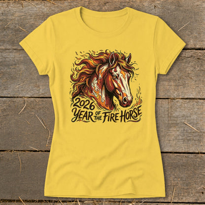 Yellow t-shirt with illustration of a fire horse and text "2026 Year of the Fire Horse".