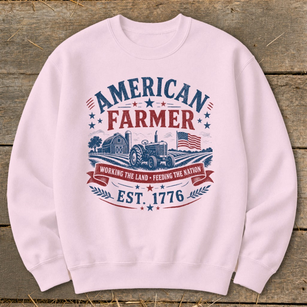 American Farmer graphic with tractor, barn, and flag, EST. 1776.