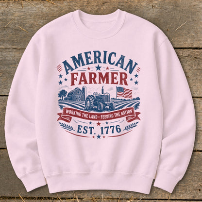 American Farmer graphic with tractor, barn, and flag, EST. 1776.