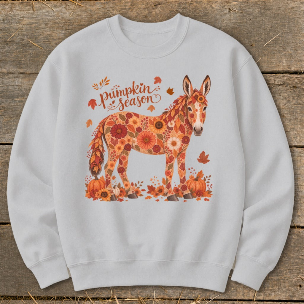 Donkey with floral pattern and text "Pumpkin Season" surrounded by autumn leaves and pumpkins.
