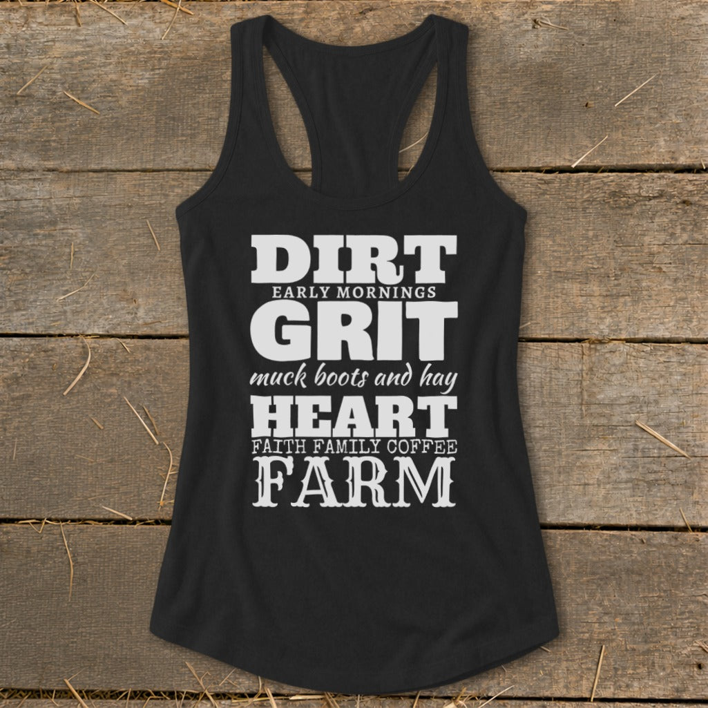 Black tank top with "Dirt, Grit, Heart, Farm" text and farm-related phrases.