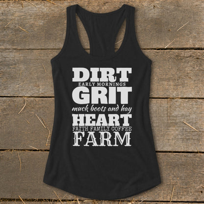 Black tank top with "Dirt, Grit, Heart, Farm" text and farm-related phrases.
