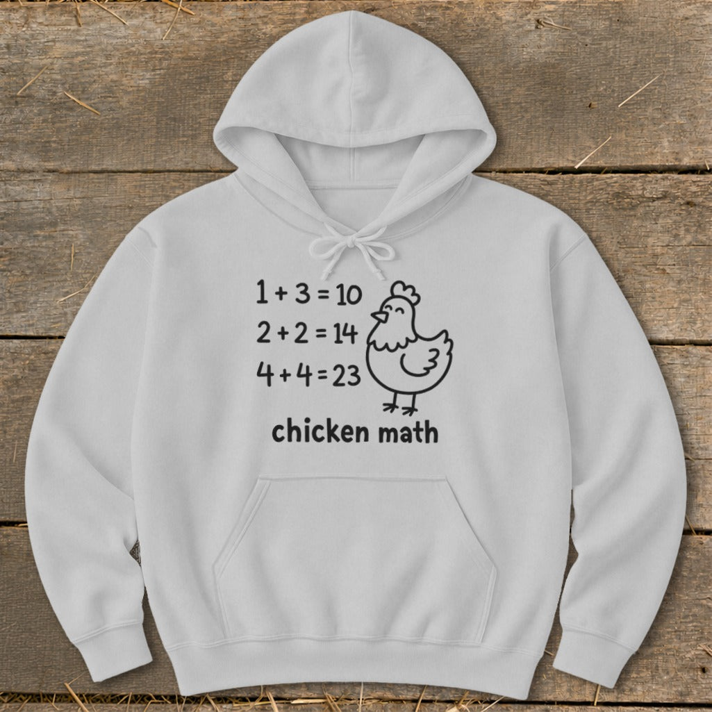 White hoodie with "Chicken Math" text and math equations next to a chicken graphic.