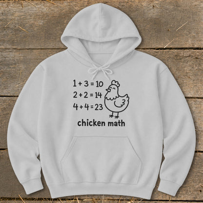 White hoodie with "Chicken Math" text and math equations next to a chicken graphic.