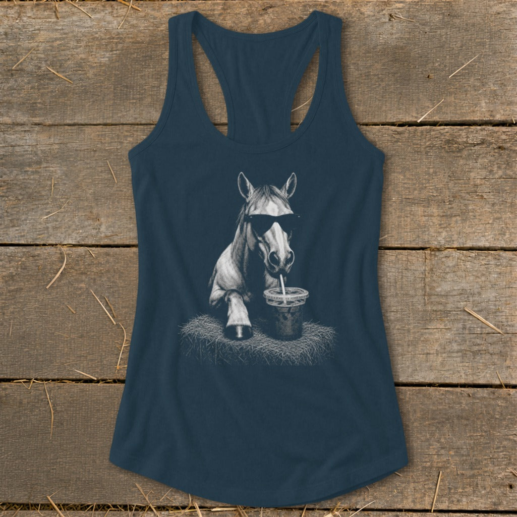 T-shirt graphic of a horse wearing sunglasses, drinking from a cup.