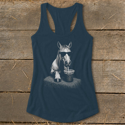 T-shirt graphic of a horse wearing sunglasses, drinking from a cup.