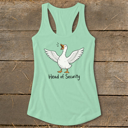 Mint green tank top with a cartoon goose and "Head of Security" text.
