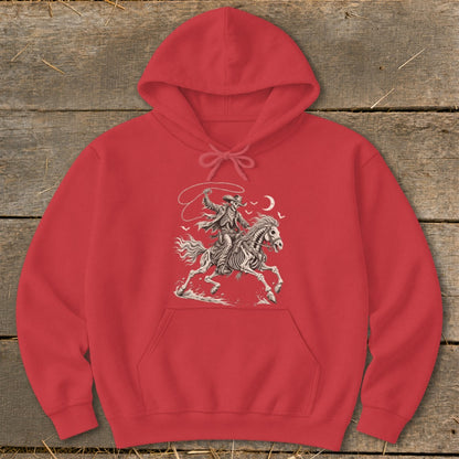 Red hoodie with graphic of skeleton cowboy on horseback with lasso.