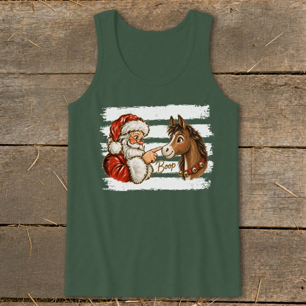 Santa booping a horse with "Boop" text on a dark green tank top.