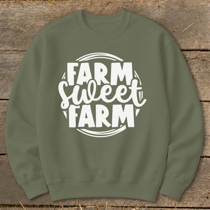 Olive green sweatshirt with "FARM Sweet FARM" text in white.