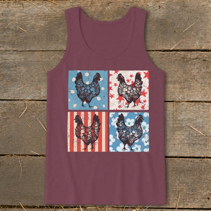 Maroon tank top with four squares of chickens in patriotic patterns.