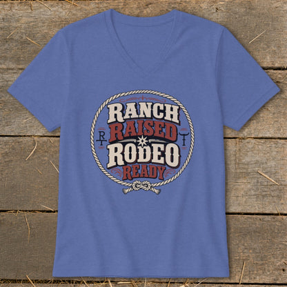 Blue v-neck t-shirt with "Ranch Raised Rodeo Ready" text design.
