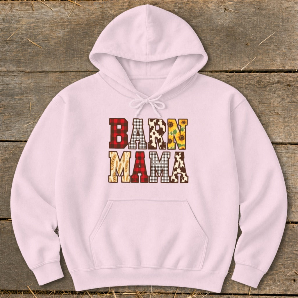 Pink hoodie with "BARN MAMA" text in buffalo plaid, cow print, and sunflowers.