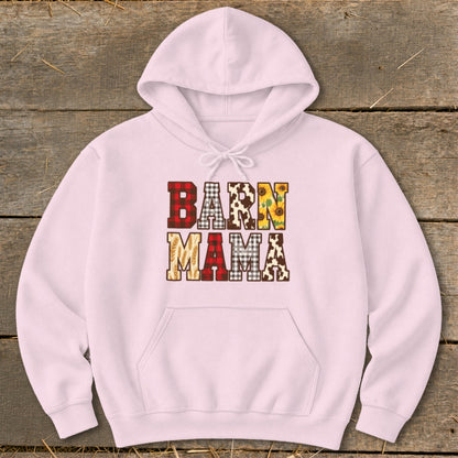 Pink hoodie with "BARN MAMA" text in buffalo plaid, cow print, and sunflowers.