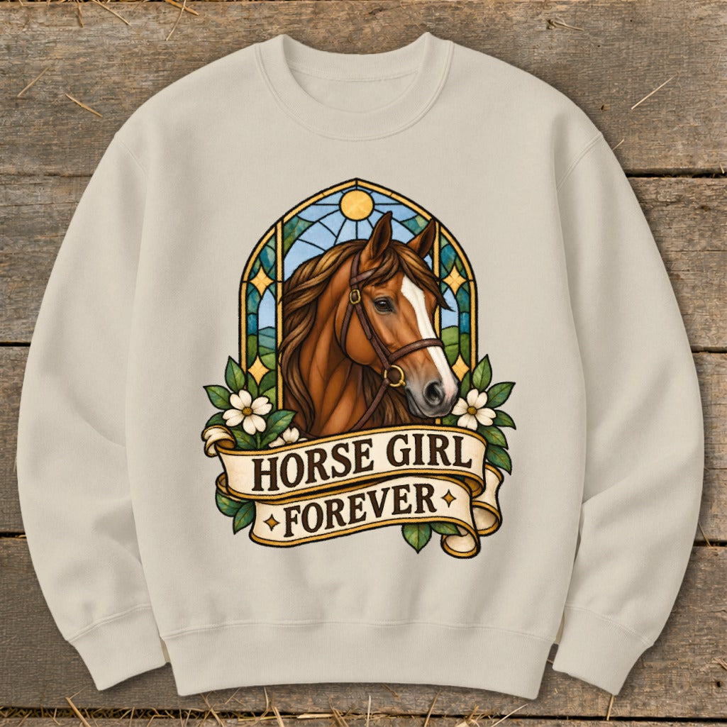 Crewneck sweatshirt with "Horse Girl Forever" text and a horse's head in stained glass style.
