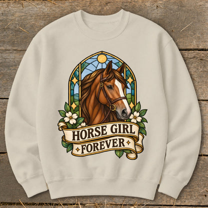 Crewneck sweatshirt with "Horse Girl Forever" text and a horse's head in stained glass style.