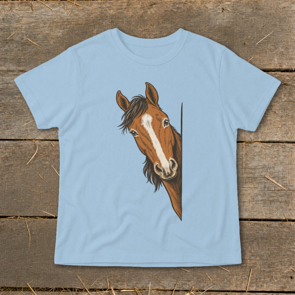 Brown horse peeking from the side on a light blue t-shirt.