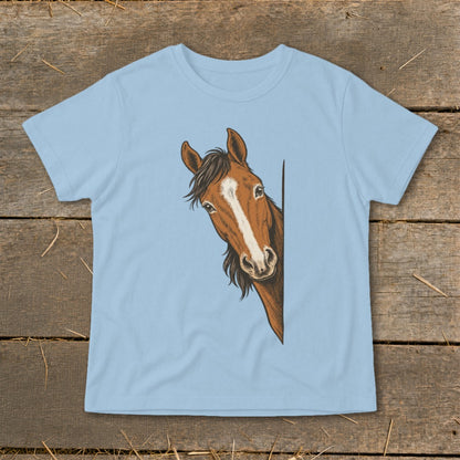 Brown horse peeking from the side on a light blue t-shirt.