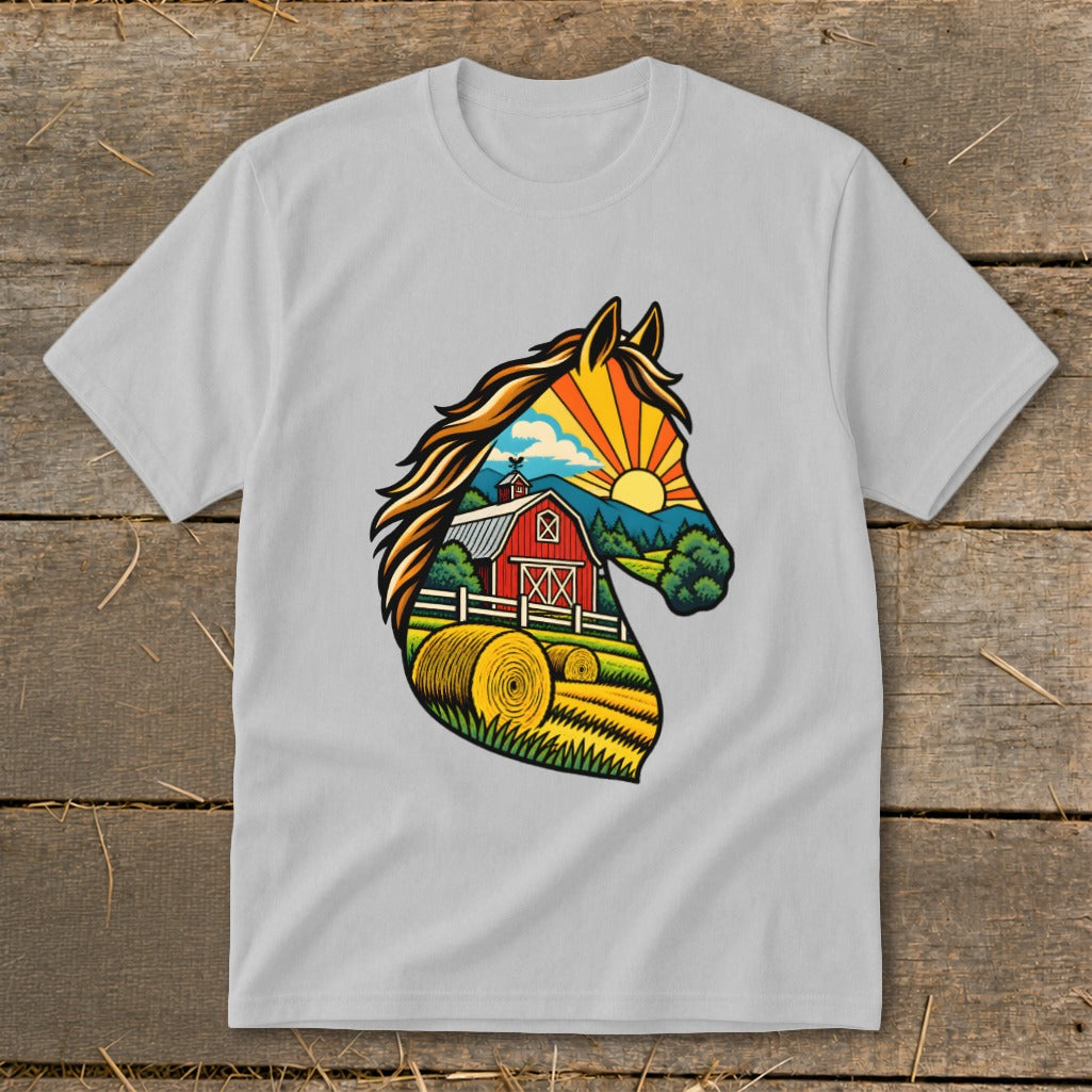 A light gray crewneck t-shirt featuring a graphic of a horse head silhouette filled with a colorful farm landscape scene.